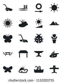 Set of vector isolated black icon - sun vector, flower in pot, lawn mower, butterfly, lady bug, pond, picnic table, brightness, pool, mountains, restaurant