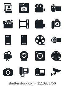 Set of vector isolated black icon - clapboard vector, film frame, reel, camera, video, phone back, mobile, photo gallery, web, intercome, surveillance