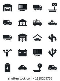 Set of vector isolated black icon - dispatcher vector, alarm car, ambulance, route, truck trailer, delivery, heavy scales, garage, gate control, battery