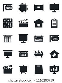 Set of vector isolated black icon - fence vector, flight table, presentation board, meeting, clapboard, clipboard, sale, rooms, sold signboard, smart home, cutting, chip