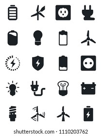 Set of vector isolated black icon - bulb vector, battery, low, protect, charge, windmill, socket, power plug, energy saving