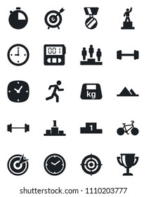 Set of vector isolated black icon - pedestal vector, medal, barbell, bike, run, heavy, clock, stopwatch, target, mountains, award cup