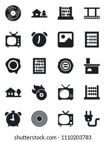 Set of vector isolated black icon - alarm clock vector, tv, abacus, stamp, fireplace, film frame, vinyl, flame disk, gallery, house with tree, power plug