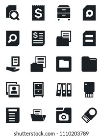 Set of vector isolated black icon - document search vector, receipt, folder, photo gallery, paper binder, archive box, usb flash