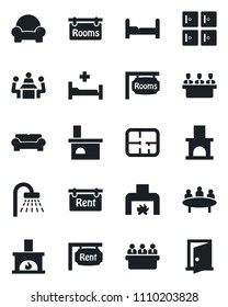 Set of vector isolated black icon - shower vector, checkroom, meeting, fireplace, hospital bed, plan, rent, rooms, bedroom, cushioned furniture, door