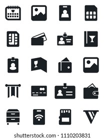 Set of vector isolated black icon - credit card vector, identity, medical calendar, gallery, sd, sim, archive box, wine, pass, wallet, pennon