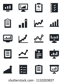 Set of vector isolated black icon - growth statistic vector, monitor, diagnosis, pulse clipboard, statistics, bar graph, checklist, point, presentation