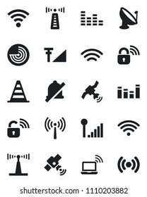 Set of vector isolated black icon - antenna vector, wireless notebook, border cone, radar, satellite, equalizer, mute, cellular signal, lock