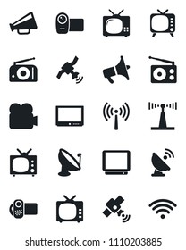 Set of vector isolated black icon - antenna vector, satellite, radio, loudspeaker, tv, video camera, wireless