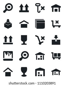 Set of vector isolated black icon - fragile vector, cargo, warehouse storage, up side sign, no trolley, hook, package, search, scanner, blank box