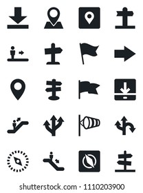 Set of vector isolated black icon - escalator vector, right arrow, wind, route, signpost, pin, download, place tag, compass, flag, guidepost
