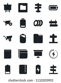 Set of vector isolated black icon - signpost vector, notepad, presentation board, wheelbarrow, low battery, folder, charge, blank box, plates, guidepost
