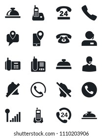 Set of vector isolated black icon - phone vector, reception bell, office, 24 hours, mobile tracking, radio, call, mute, cellular signal, support