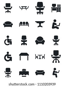 Set of vector isolated black icon - cafe vector, waiting area, office chair, desk, picnic table, disabled, cushioned furniture, restaurant, man with notebook