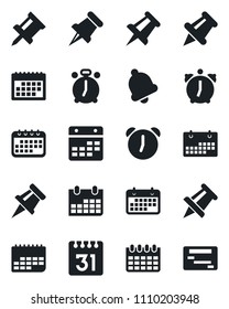 Set of vector isolated black icon - alarm clock vector, drawing pin, calendar, term, paper, bell, schedule