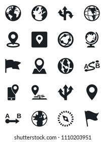 Set of vector isolated black icon - globe vector, route, navigation, earth, pin, mobile tracking, network, place tag, compass, flag