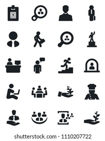 Set of vector isolated black icon - reception vector, speaking man, pedestal, manager place, client, user, company, identity card, hr, meeting, career ladder, search, estate agent, cook, consumer