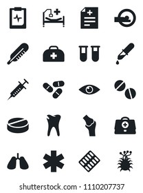 Set of vector isolated black icon - doctor case vector, diagnosis, syringe, blood test vial, dropper, thermometer, pills, blister, tomography, ambulance star, hospital bed, lungs, caries, eye, joint