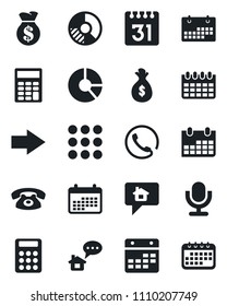 Set of vector isolated black icon - right arrow vector, calendar, circle chart, microphone, menu, calculator, phone, home message, money bag