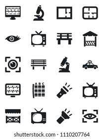 Set of vector isolated black icon - tv vector, alarm car, seat map, bench, monitor pulse, microscope, eye, torch, plan, alcove, scan