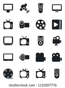 Set of vector isolated black icon - tv vector, reel, satellite, video camera, remote control, monitor