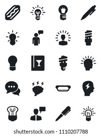 Set of vector isolated black icon - speaking man vector, pen, brainstorm, bulb, dialog, wine card, hot dog, energy saving, shining head, idea