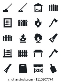 Set of vector isolated black icon - fence vector, tree, saw, fire, hoe, axe, abacus, table, alcove, cutting board