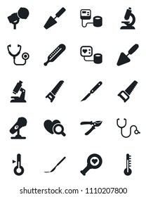 Set of vector isolated black icon - trowel vector, pruner, saw, stethoscope, blood pressure, thermometer, heart diagnostic, microscope, scalpel, microphone