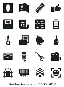 Set of vector isolated black icon - male vector, rake, scales, truck trailer, no hook, news, finger up, battery, themes, bell, video, document folder, sale, heater, wine card, bacon, chip, snowflake
