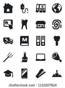 Set of vector isolated black icon - office binder vector, graduate, farm fork, house, dropper, caries, implant, earth, store, mobile, themes, paper, notebook pc, stapler, moving, menu, ham, pedestal