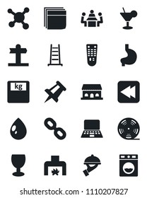Set of vector isolated black icon - notebook pc vector, drawing pin, ladder, water drop, scales, stomach, molecule, signpost, fragile, reel, remote control, chain, rewind, blank box, meeting, waiter