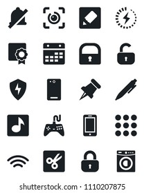Set of vector isolated black icon - mobile phone vector, pen, gamepad, paper pin, back, menu, protect, calendar, notes, wireless, mute, cut, lock, eye id, music, charge, sertificate, washer