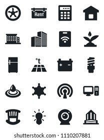 Set of vector isolated black icon - office building vector, rent, children room, smart home, fan, irrigation, wireless, web camera, pc, water, warm floor, bulb, energy saving, police, fridge