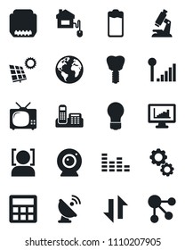 Set of vector isolated black icon - bulb vector, microscope, implant, earth, satellite antenna, equalizer, battery, hdmi, calculator, data exchange, face id, cellular signal, monitor statistics, tv