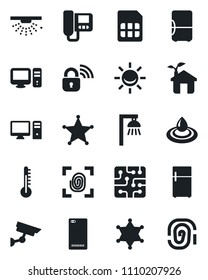 Set of vector isolated black icon - phone back vector, sim, chip, eco house, fingerprint, wireless lock, intercome, pc, water, thermometer, outdoor lamp, police, fridge, surveillance, alarm led