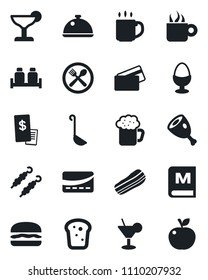 Set of vector isolated black icon - coffee vector, dish, cafe, menu, cocktail, beer, bacon, egg stand, salt and pepper, bread, credit card, restaurant receipt, kebab, ham, hamburger, ladle