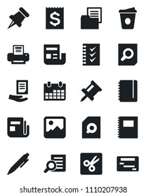 Set of vector isolated black icon - document search vector, pen, notepad, coffee, calendar, receipt, folder, news, paper pin, gallery, cut, copybook, drawing, checklist, printer, schedule