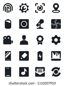 Set of vector isolated black icon - microphone vector, mobile, phone back, settings, user, mail, record, scanner, notes, place tag, eye id, fingerprint, music, video, battery, charge, application