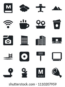 Set of vector isolated black icon - clouds vector, coffee, plant label, heavy scales, railroad, tv, rec button, photo gallery, office building, pool, mountains, wireless, flower in pot, city house