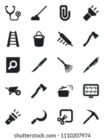 Set of vector isolated black icon - document search vector, rake, ladder, wheelbarrow, bucket, hoe, sickle, axe, monitor pulse, stethoscope, scalpel, torch, cut, paper clip, pen, rolling pin