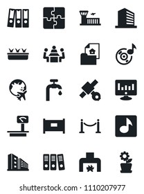 Set of vector isolated black icon - fence vector, plane globe, airport building, office, statistic monitor, seedling, satellite, heavy scales, music, application, paper binder, meeting, water supply