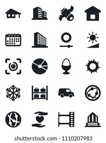 Set of vector isolated black icon - luggage storage vector, office building, sun, heart hand, satellite, film frame, network, brightness, eye id, pie graph, house with garage, smart home, egg stand