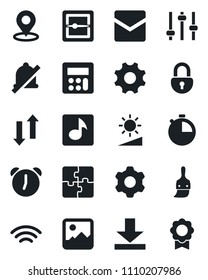 Set of vector isolated black icon - gallery vector, settings, tuning, themes, calculator, alarm, stopwatch, mail, scanner, data exchange, download, wireless, mute, brightness, place tag, lock, music