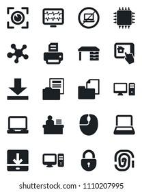 Set of vector isolated black icon - no laptop vector, lock, mouse, desk, printer, monitor pulse, folder document, pc, share, download, manager, notebook, chip, home control app, eye scan