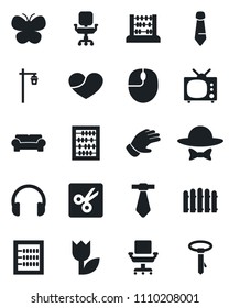 Set of vector isolated black icon - abacus vector, mouse, tie, fence, glove, butterfly, garden light, tulip, headphones, heart, cut, office chair, cushioned furniture, tv, dress code