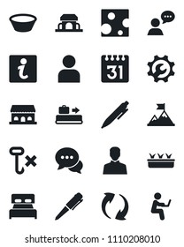 Set of vector isolated black icon - baggage conveyor vector, pen, seedling, no hook, dialog, speaker, update, user, calendar, root setup, bedroom, cafe building, bowl, cheese, information