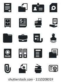 Set of vector isolated black icon - passport vector, identity, office binder, document, receipt, folder, news, paper clip, search, archive box, copier, contract, stamp, estate, case, certificate