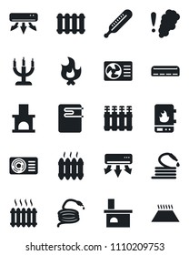 Set of vector isolated black icon - fire vector, hose, fireplace, thermometer, heater, air conditioner, candle, water, smoke detector, radiator, warm floor