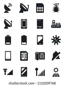 Set of vector isolated black icon - satellite antenna vector, mobile phone, virus, cell, low battery, sim, mute, cellular signal, office, sun panel