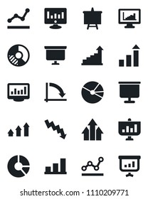Set of vector isolated black icon - growth statistic vector, presentation board, crisis graph, monitor, circle chart, statistics, bar, pie, point, arrow up